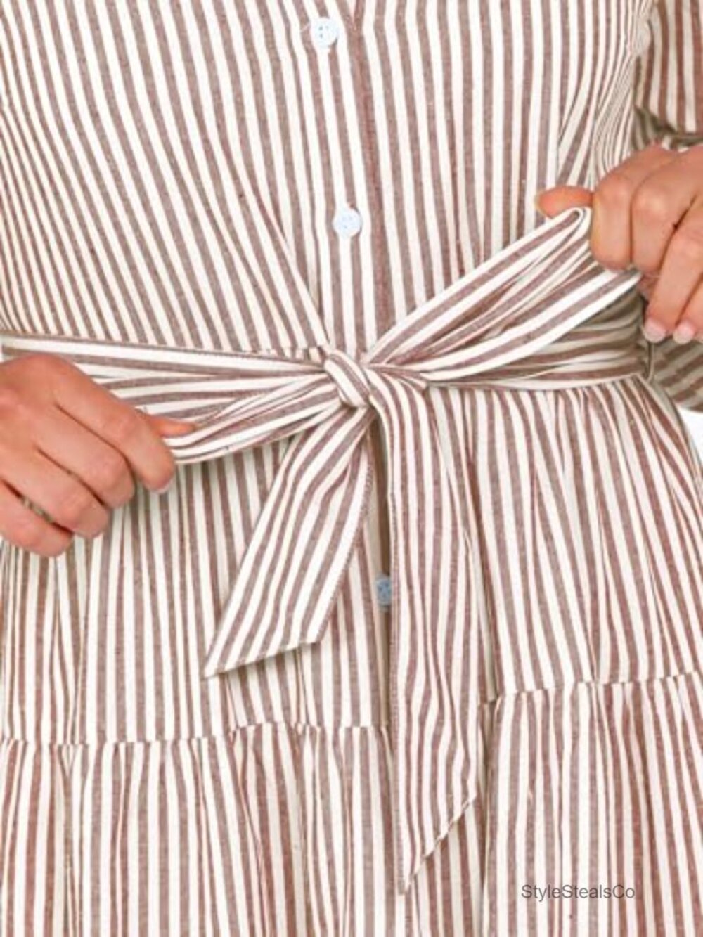 Long Sleeve Striped Flowy Maxi Dress Button Down Ruffle Hem Tie Waist Shirt - Picture 5 of 6